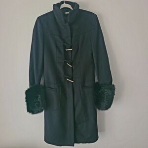 United Colors Of Benetton Elegant Black Pea Coat with Faux Fur Accents Size 42